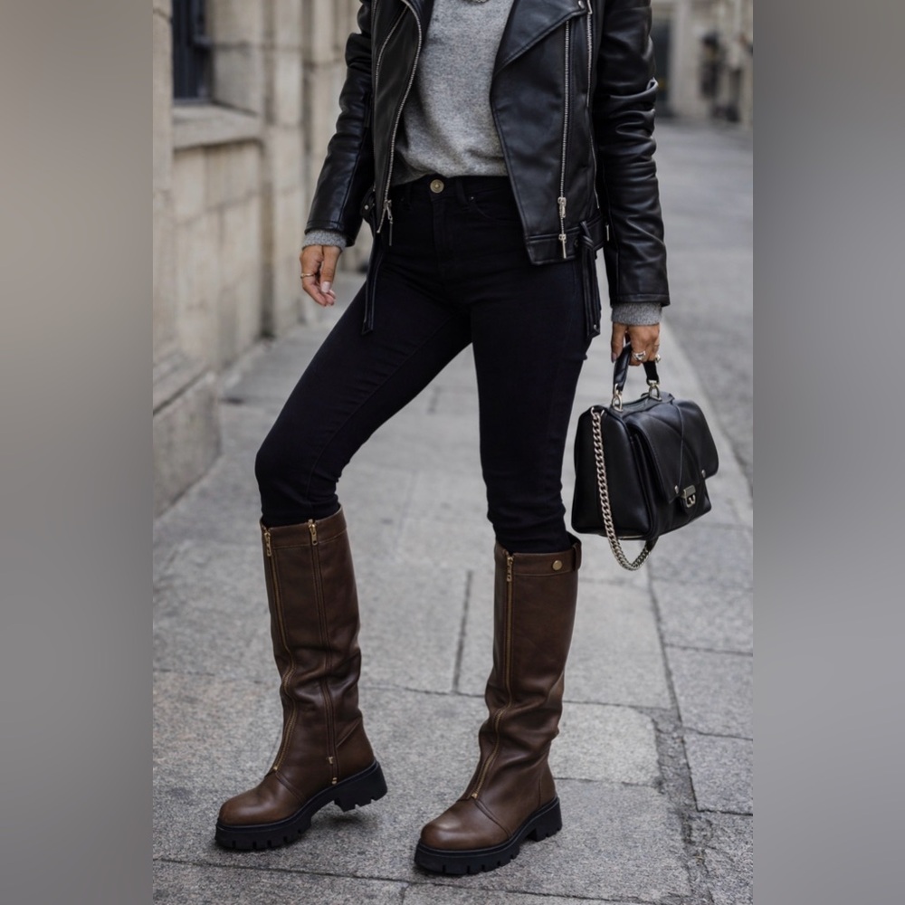 Brown Knee-High Boots with Black Soles bulky fun brown boots - Picture 8 of 13